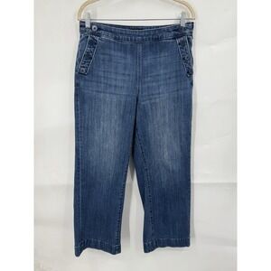 Talbots Wide Leg Jean Women 10 Petite Blue Button Side High Rise Preppy Beach